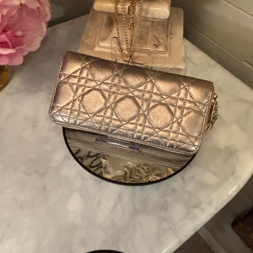 Gorgeous EUC Christian Dior Gold Quilted Cannage Long Wallet w Sig Charm Pull